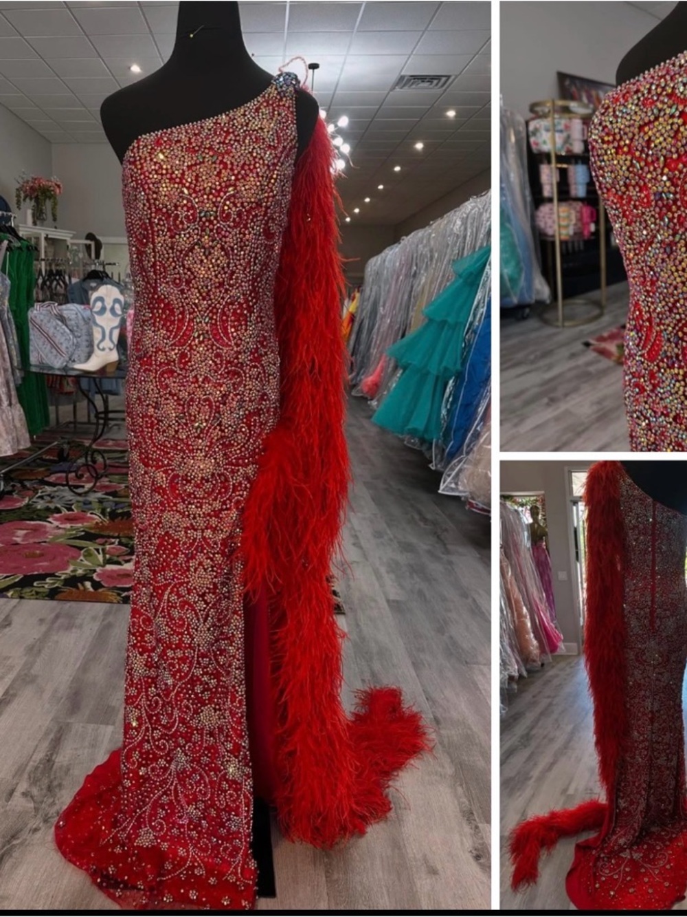 Johnathan Kayne Red One-Shoulder Beaded Feather Gown